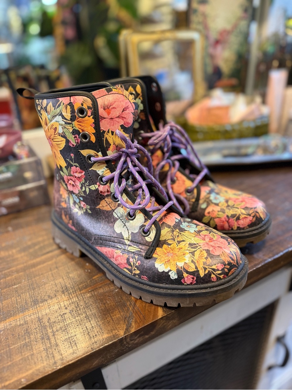 Floral Lace-Up Combat Boots for Women - Black with Pink & Yellow Blooms